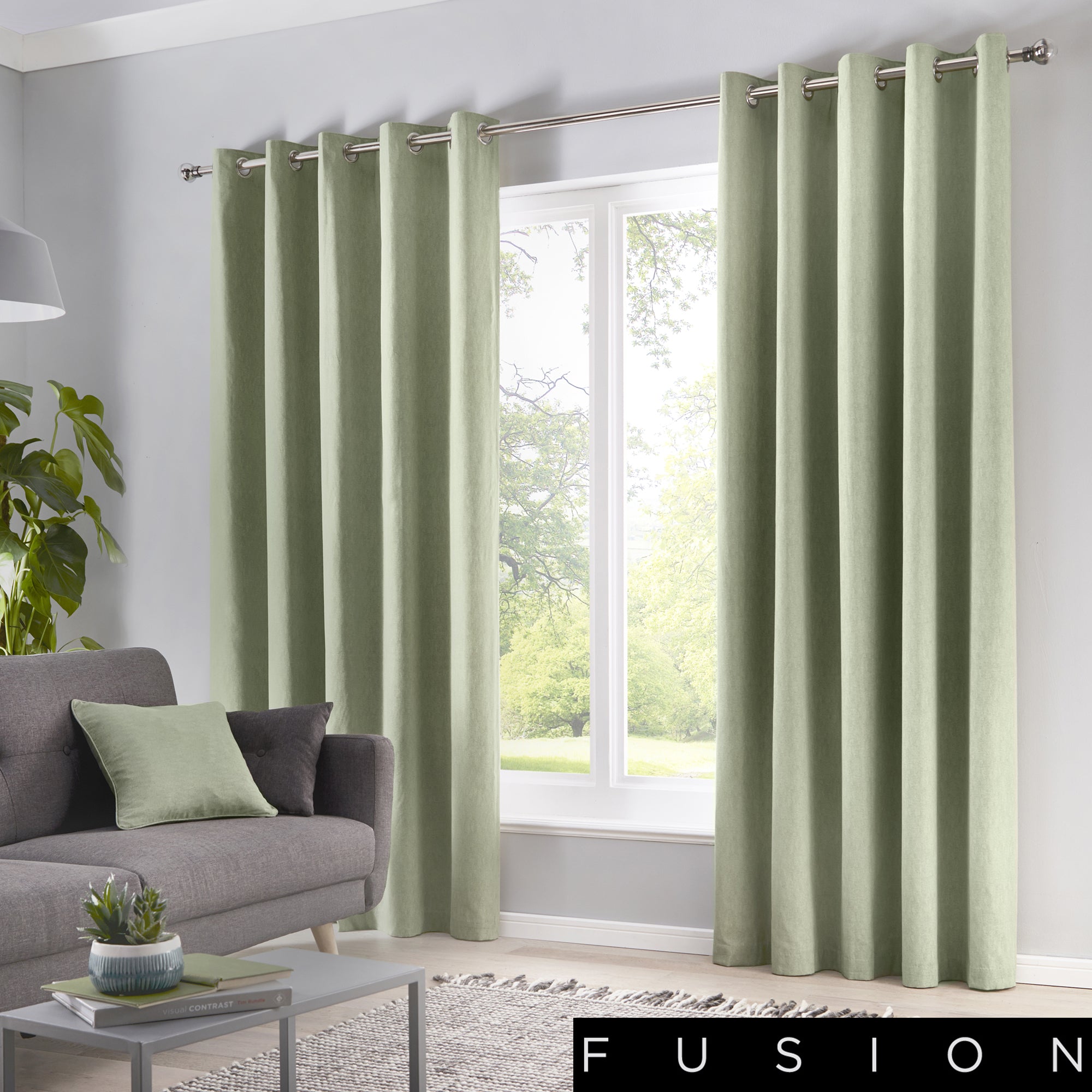 Sorbonne - 100% Cotton Lined Eyelet Curtains in Green - by Fusion