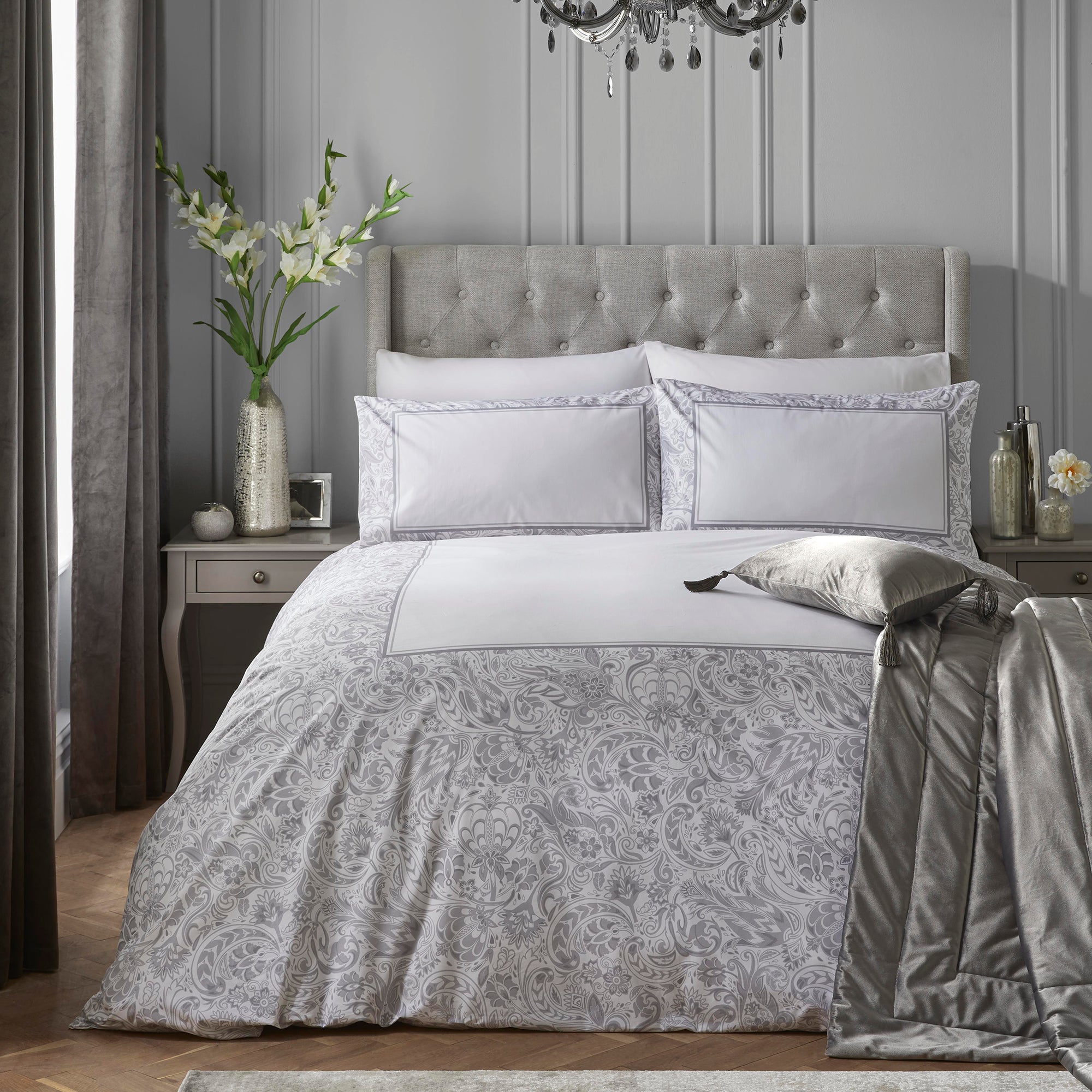 Suzani - 100% Cotton Sateen Duvet Cover Set in Grey - by Laurence Llewelyn-Bowen