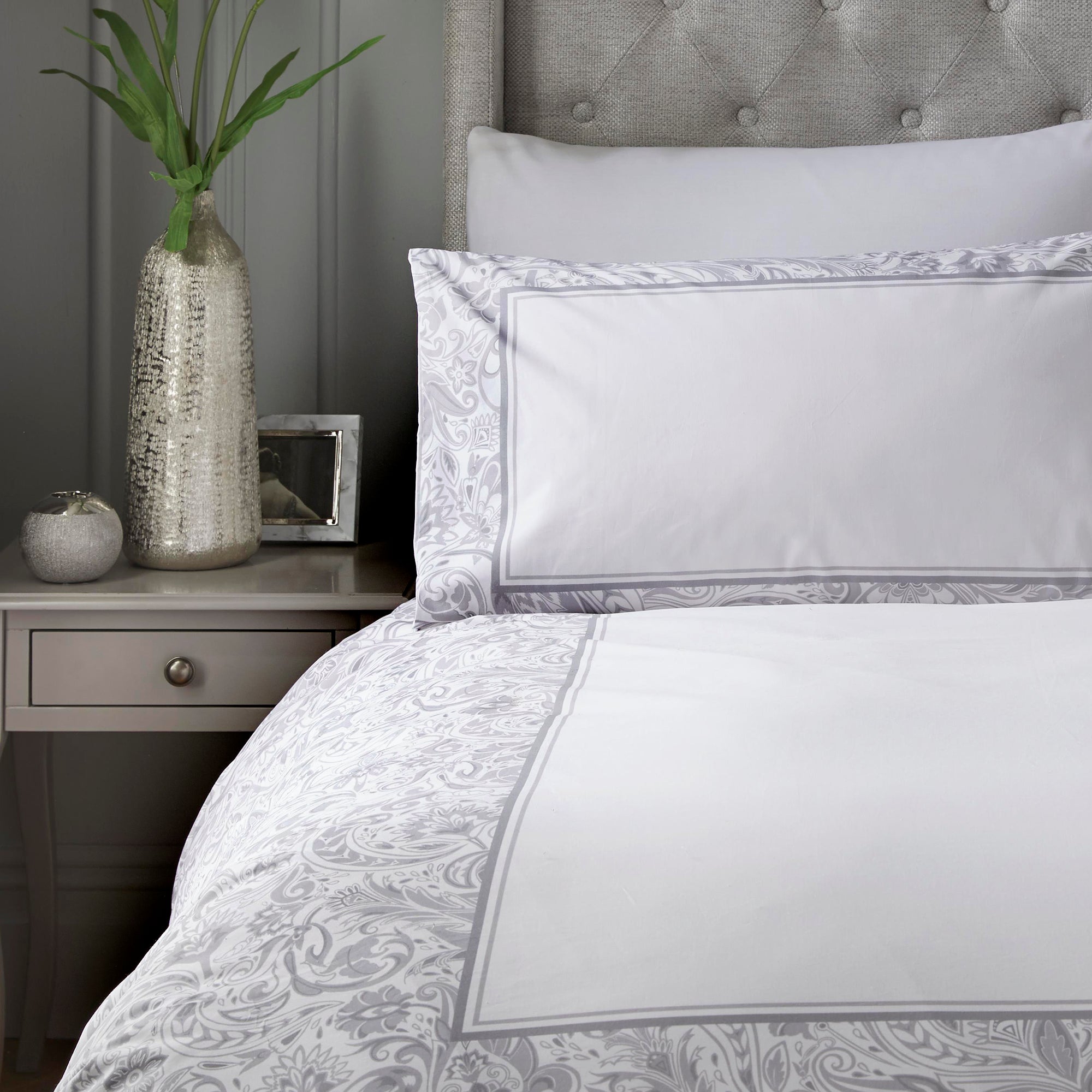 Suzani - 100% Cotton Sateen Duvet Cover Set in Grey - by Laurence Llewelyn-Bowen