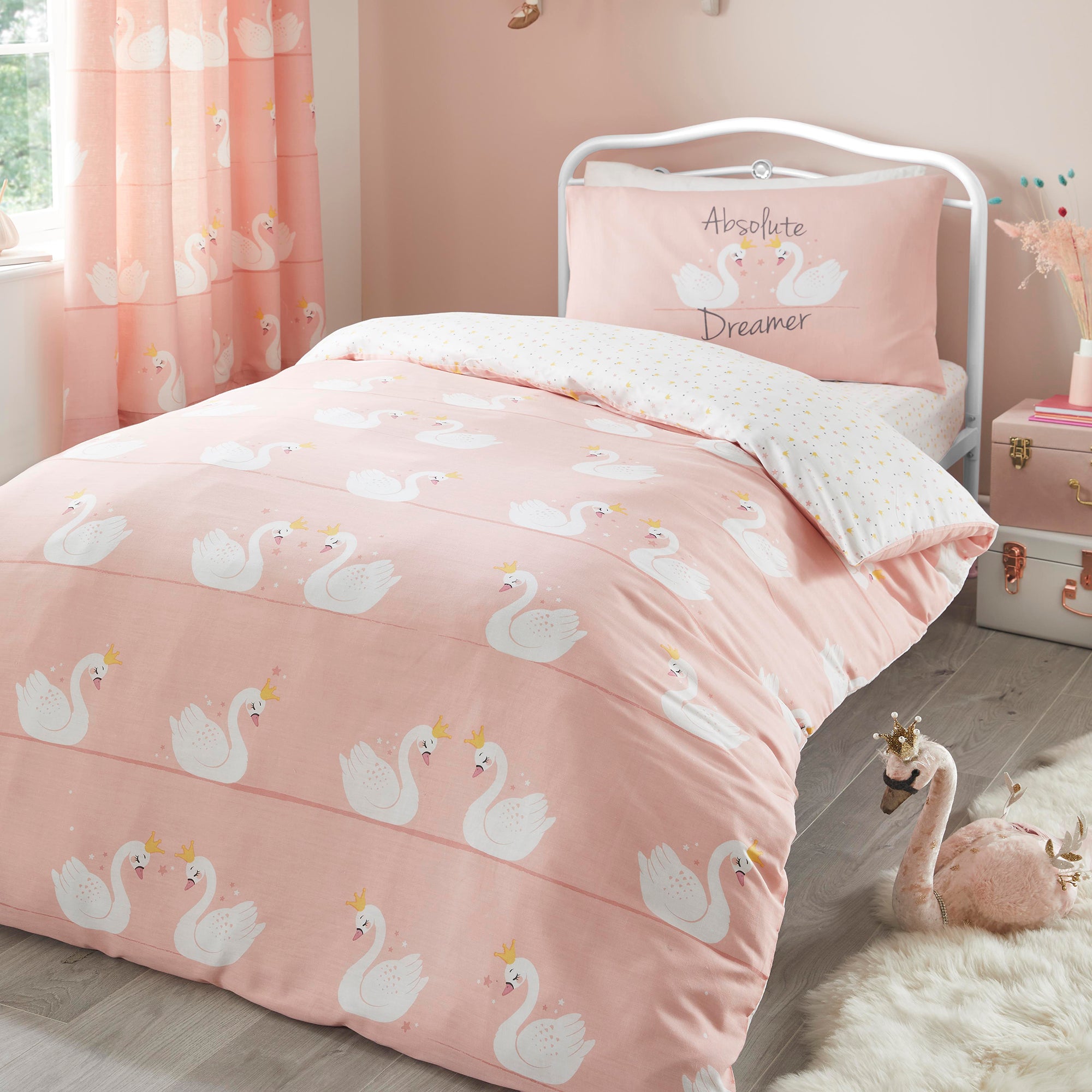 Swan - Kids Duvet Cover Set, Curtains & Fitted Sheets in Coral - by Bedlam