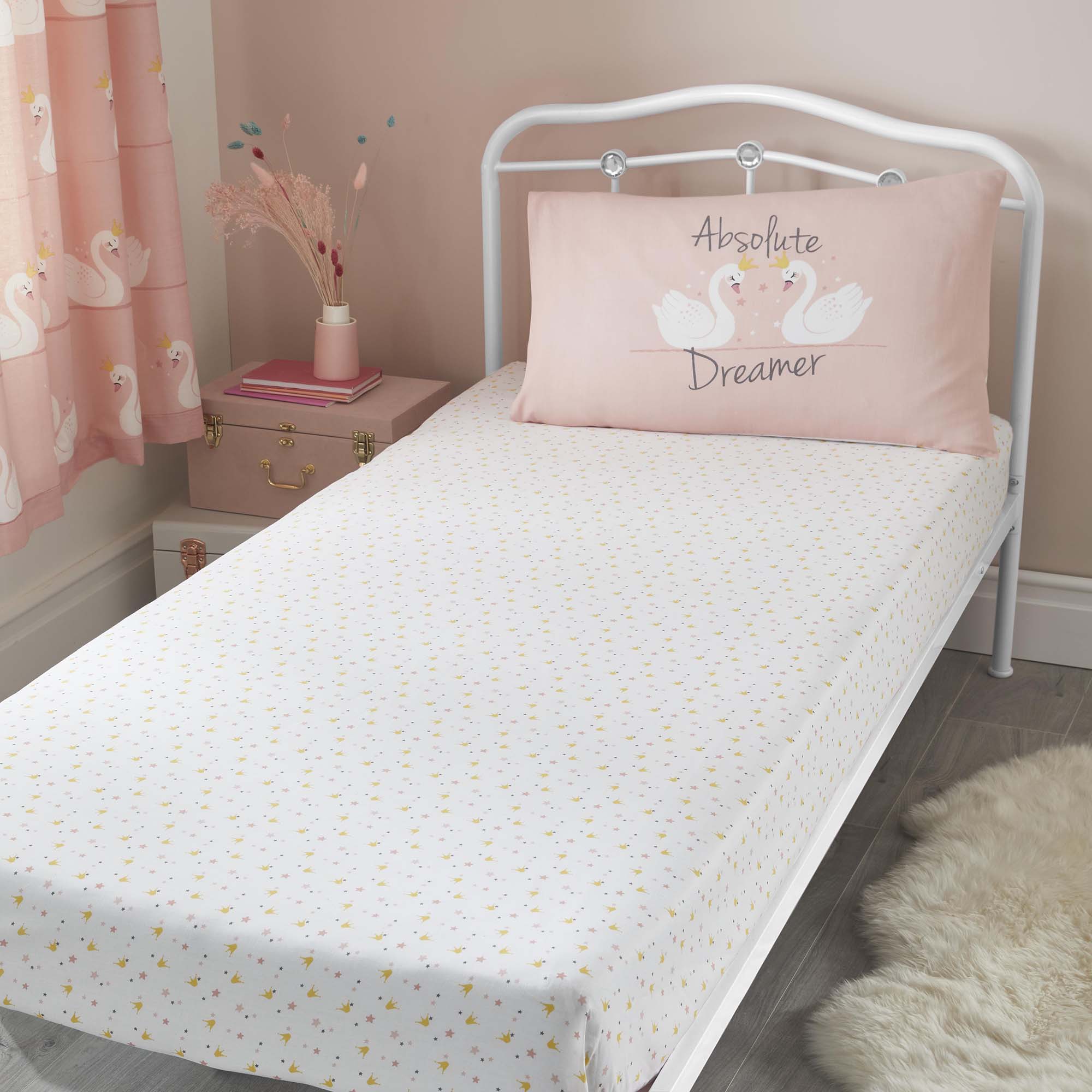 Swan - Kids Duvet Cover Set, Curtains & Fitted Sheets in Coral - by Bedlam