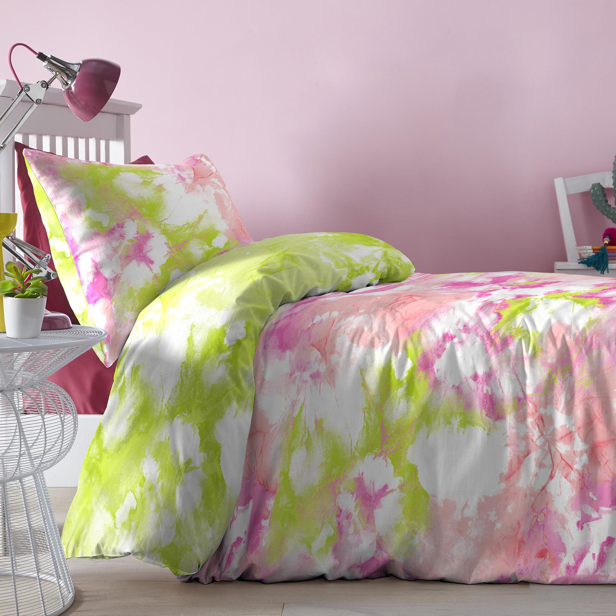 Tie Dye - Easy Care Duvet Cover Set, Curtains & Fitted Sheets in Neon Pink - by Bedlam