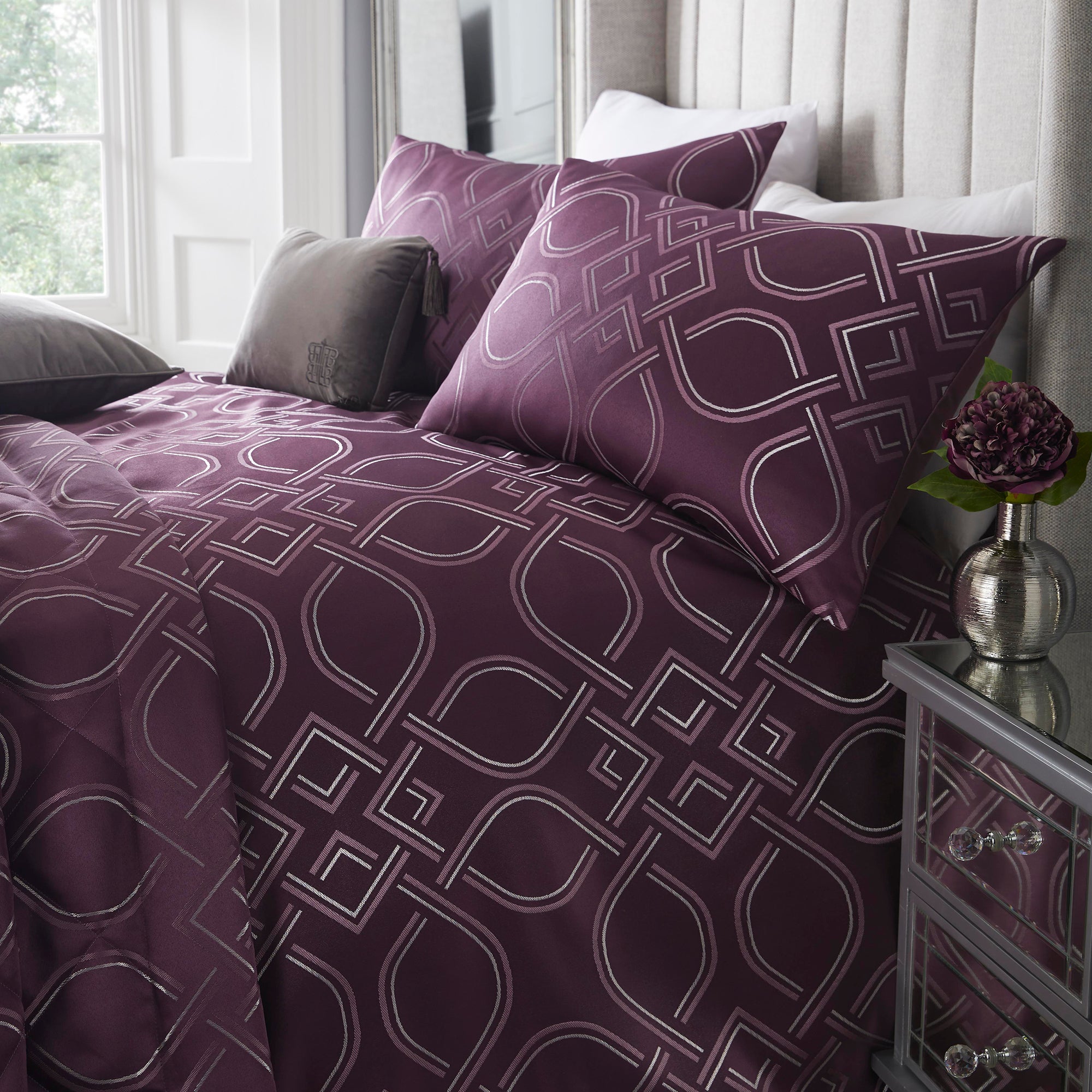 Tie the Knot Luxe - Metallic Jacquard Duvet Cover Set in Damson & Silver - by Laurence Llewelyn-Bowen
