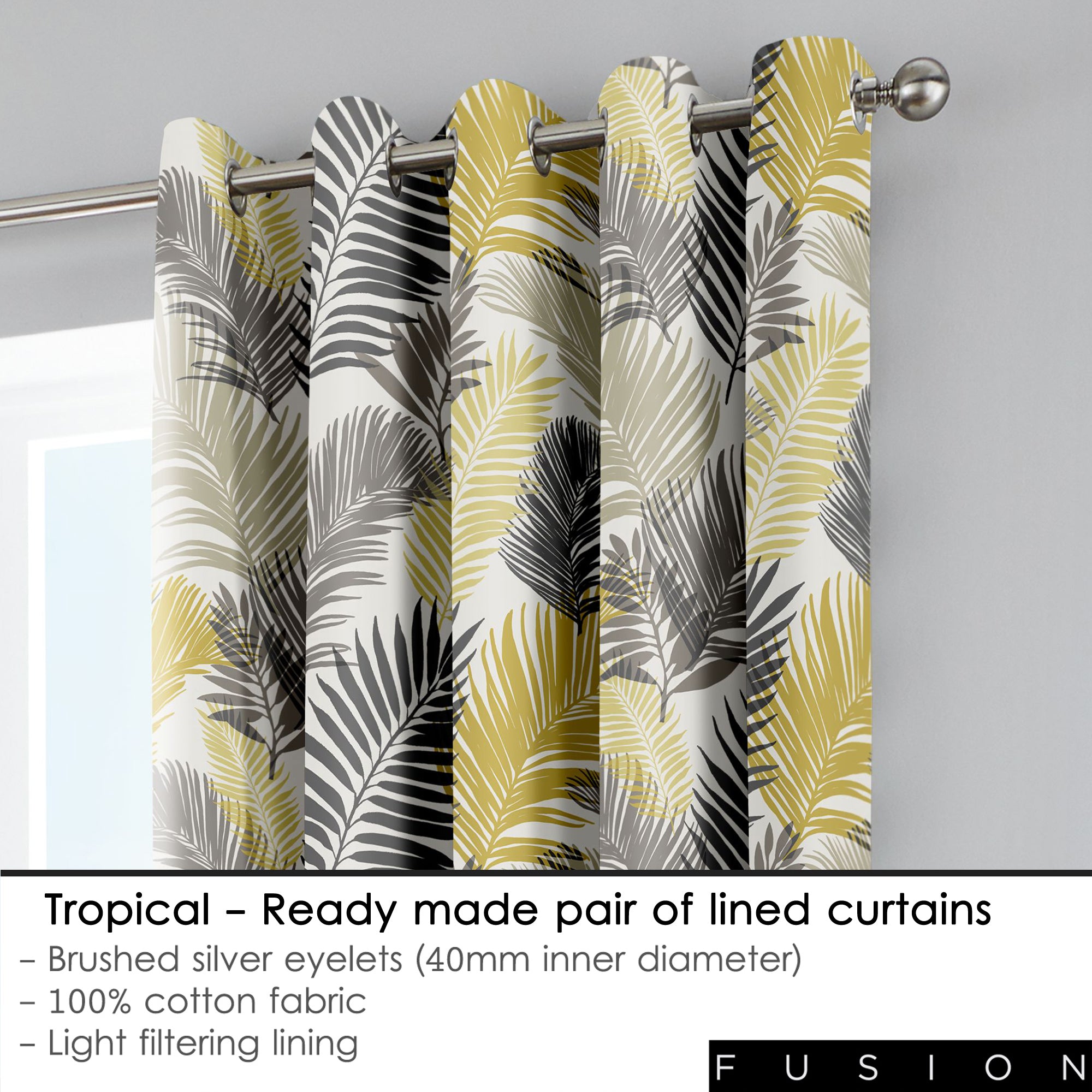 Tropical - 100% Cotton Lined Eyelet Curtains in Ochre - by Fusion