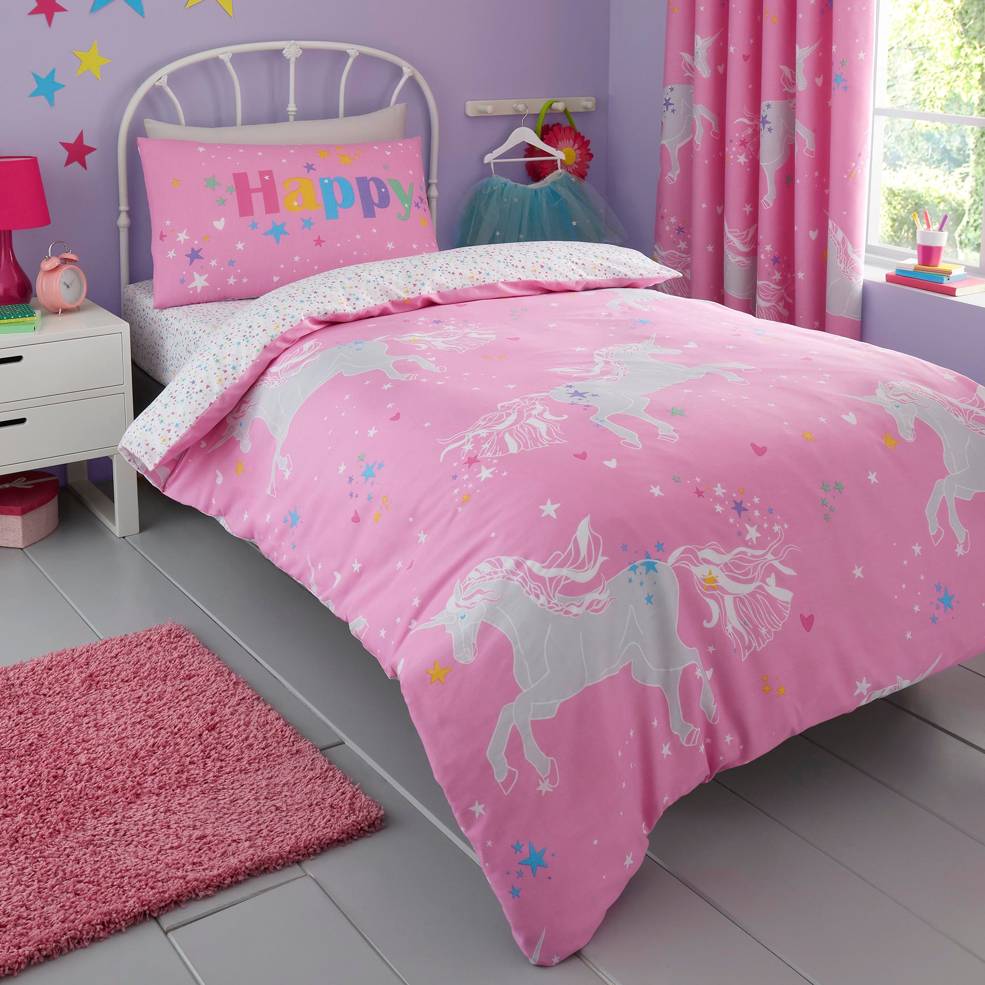 Unicorn Glow - Glow in the Dark Duvet Cover Set, Curtains & Fitted Sheets in Pink - by Bedlam