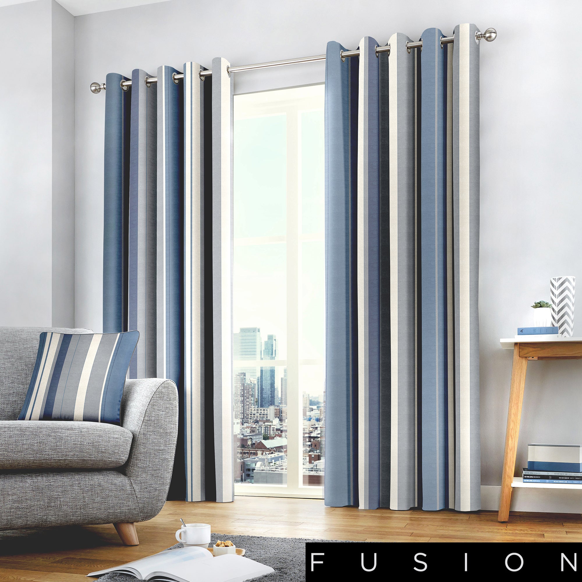 Whitworth Stripe - 100% Cotton Lined Eyelet Curtains in Blue - by Fusion
