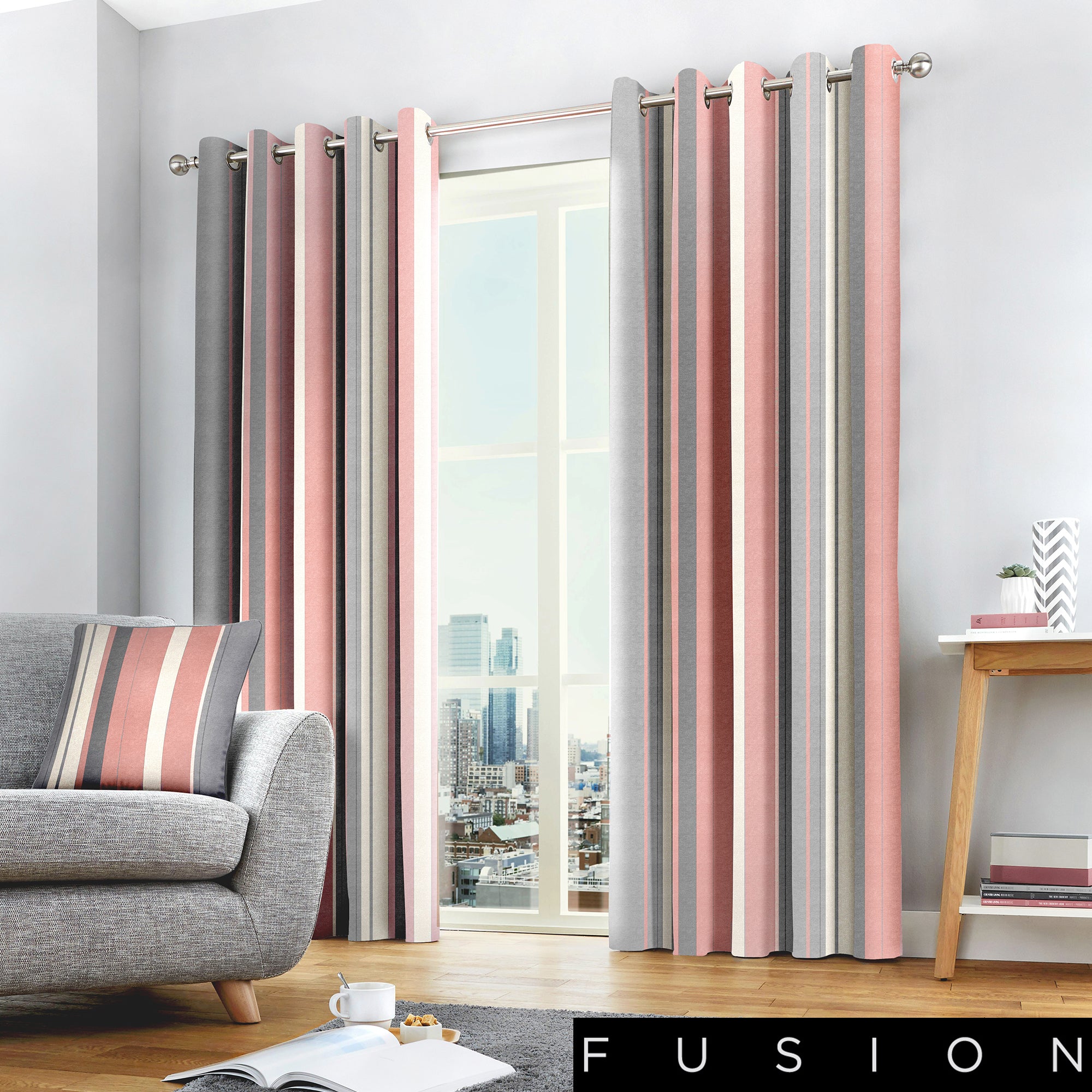 Whitworth Stripe - 100% Cotton Lined Eyelet Curtains in Blush - by Fusion