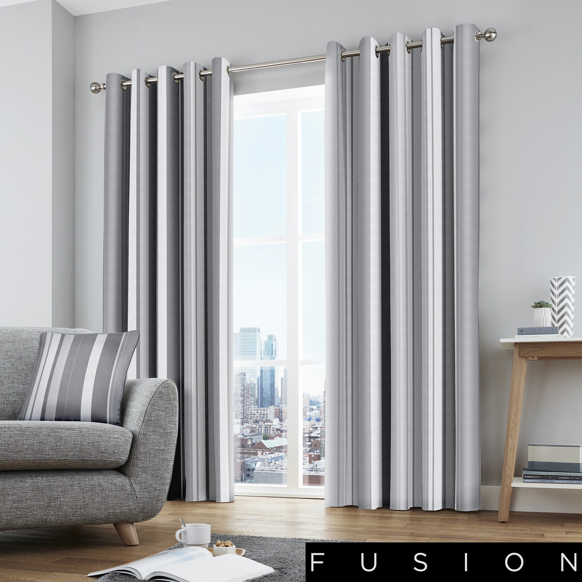Whitworth Stripe - 100% Cotton Lined Eyelet Curtains in Grey - by Fusion