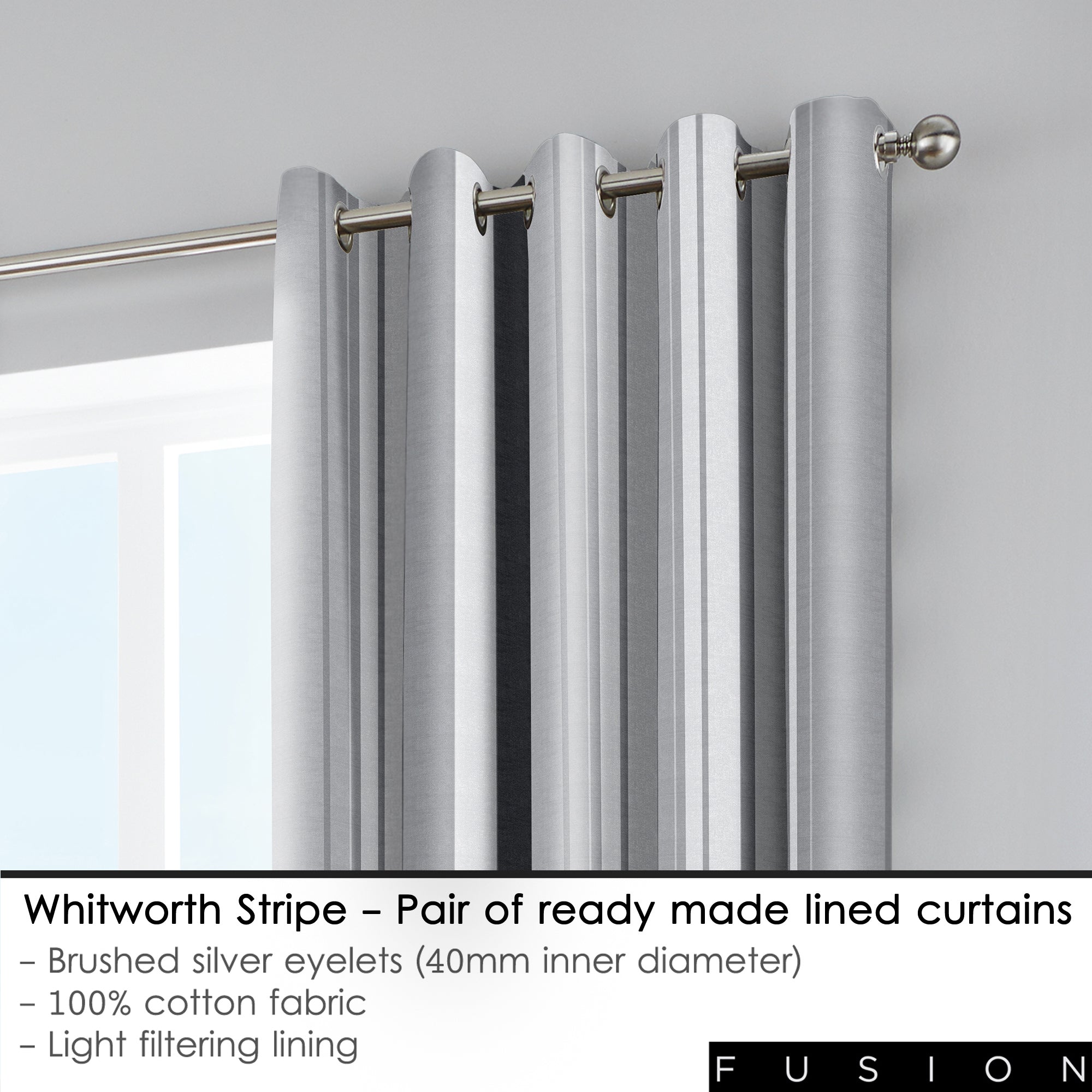 Whitworth Stripe - 100% Cotton Lined Eyelet Curtains in Grey - by Fusion