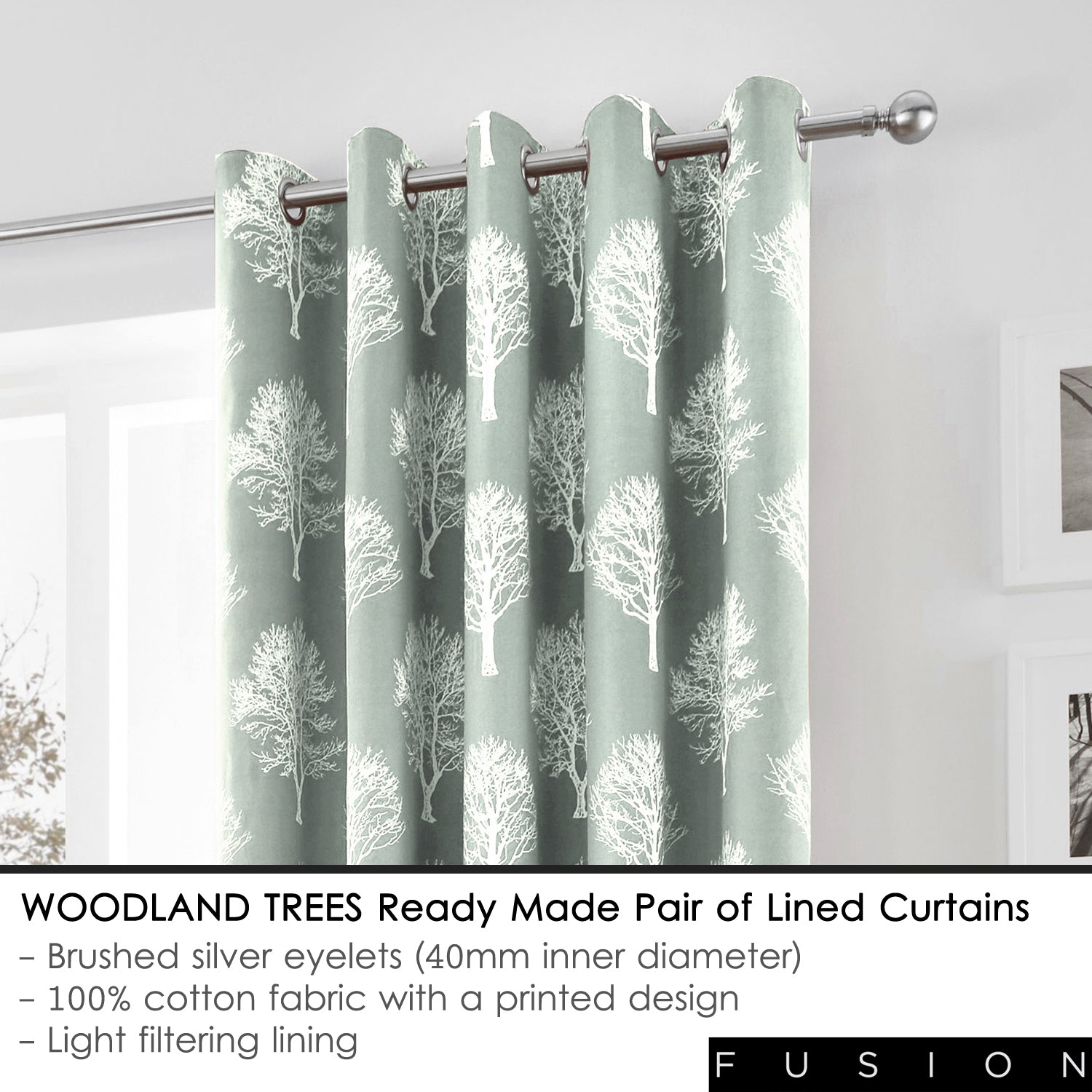 Woodland Trees - 100% Cotton Lined Eyelet Curtains in Duck Egg - by Fusion