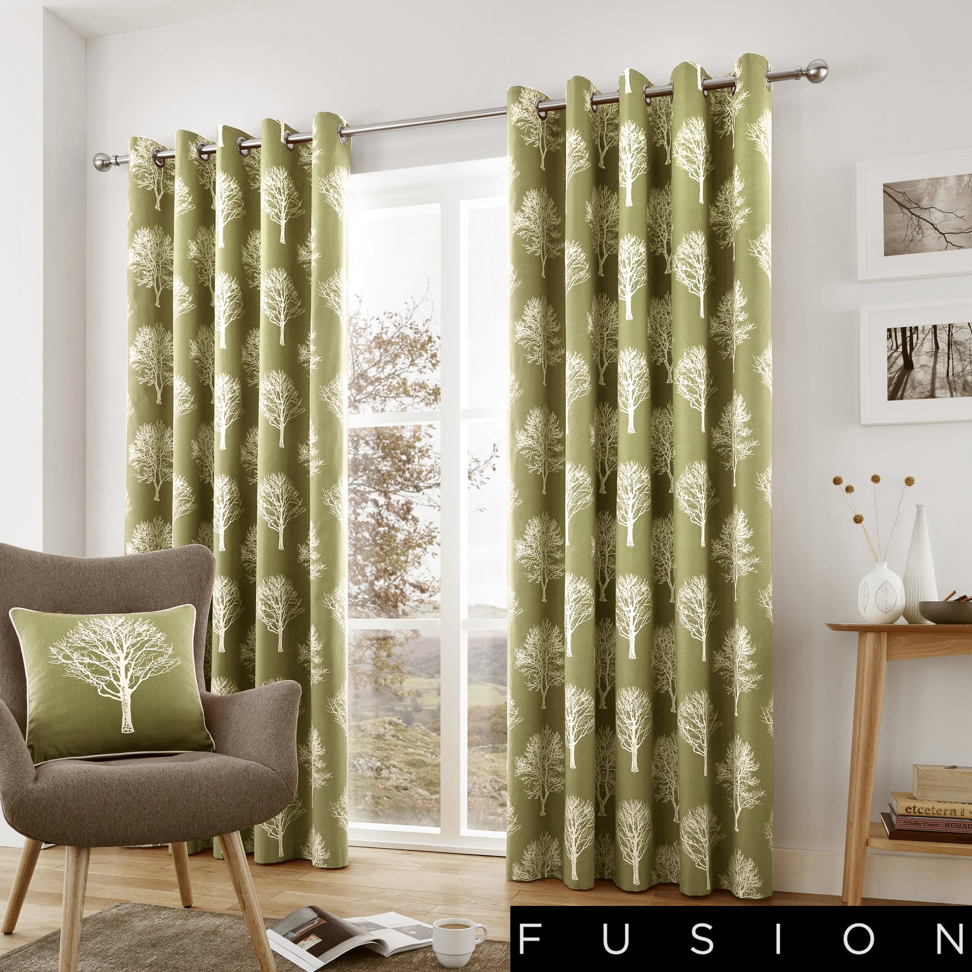Woodland Trees - 100% Cotton Lined Eyelet Curtains in Green - by Fusion