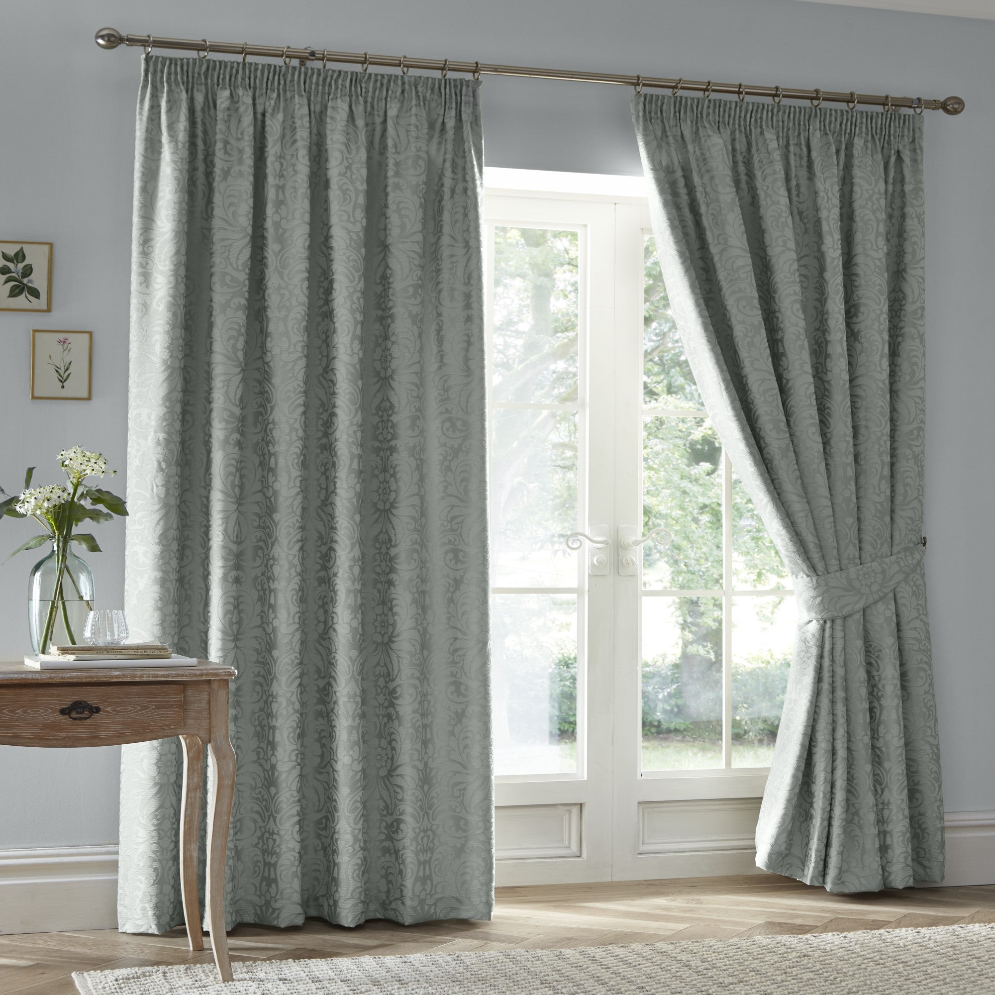 Pair of Pencil Pleat Curtains With Tie-Backs Worcester by Appletree Heritage in Green